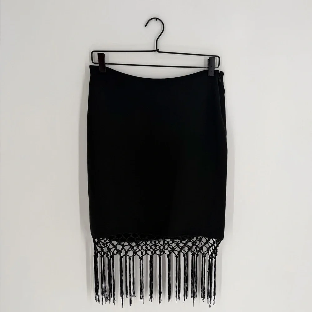 Reformation Rafi Low Rise Crochet Fringed Hem Black Midi Skirt